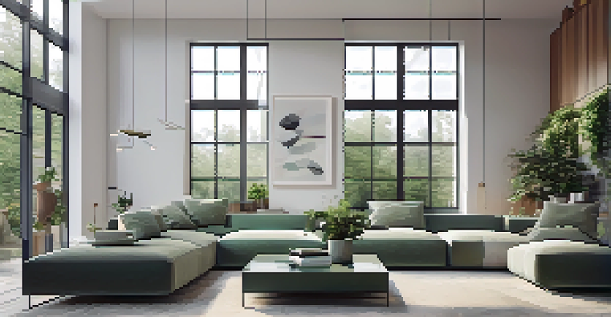 A contemporary living room featuring smart home technology and large windows, filled with natural light and plants.
