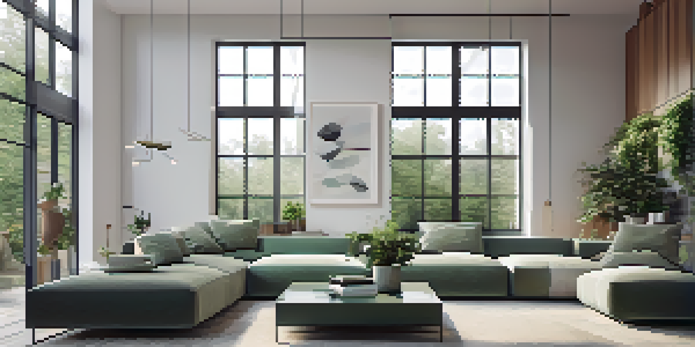 A contemporary living room featuring smart home technology and large windows, filled with natural light and plants.