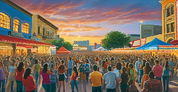 A bustling outdoor music festival in San Antonio, with musicians playing Tejano music and a diverse crowd dancing under colorful lights and banners.