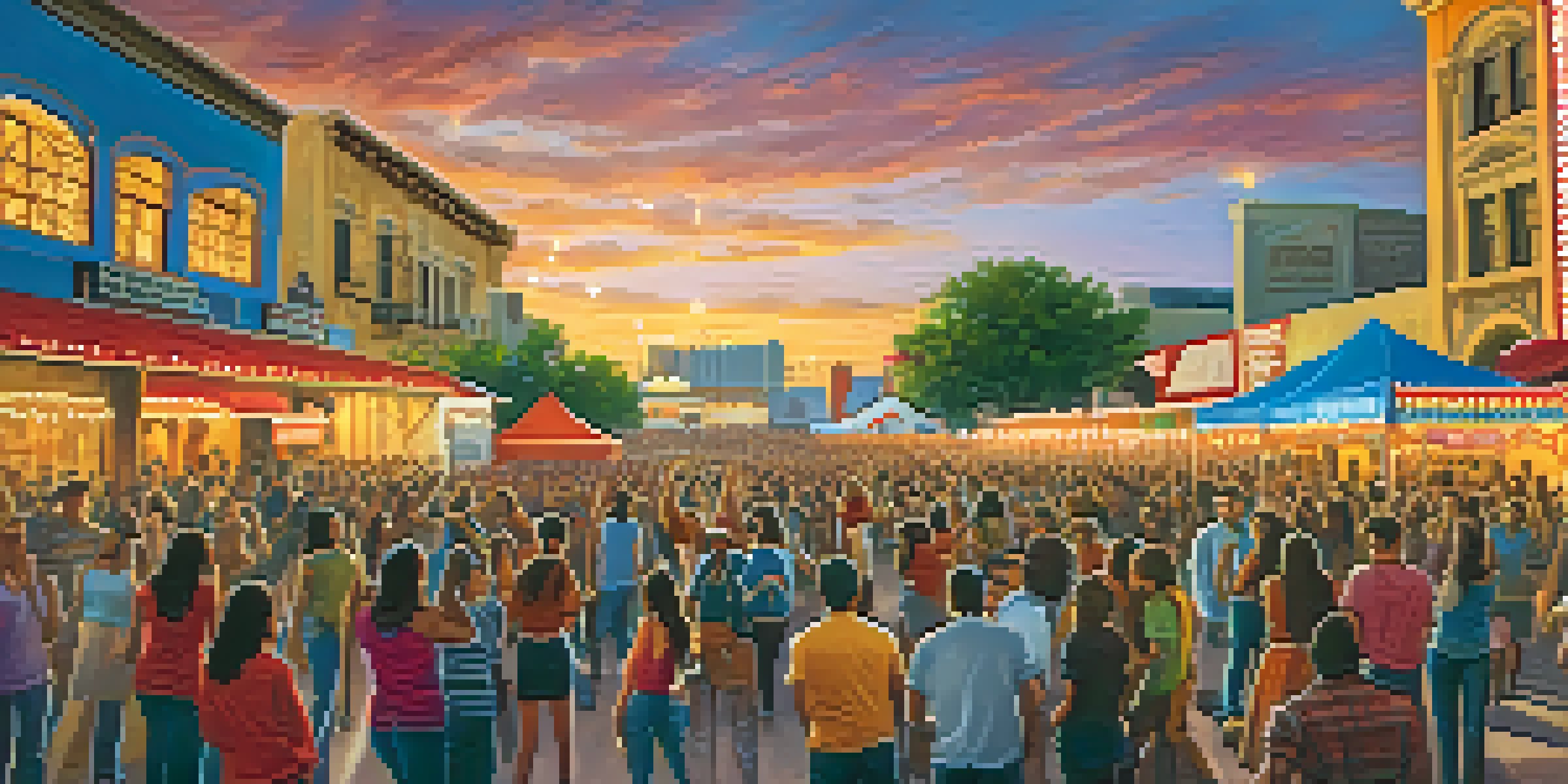 A bustling outdoor music festival in San Antonio, with musicians playing Tejano music and a diverse crowd dancing under colorful lights and banners.