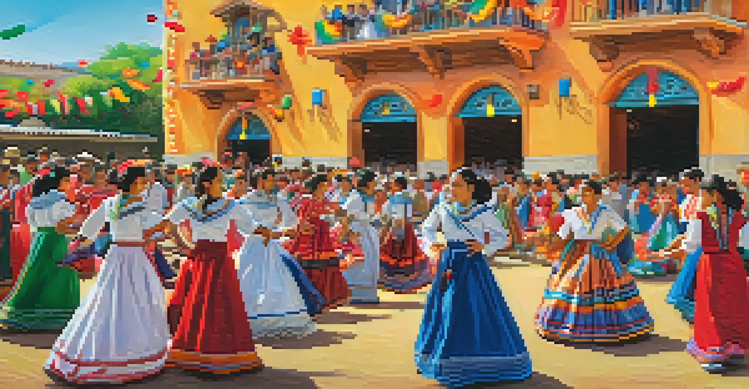 A lively scene at Fiesta San José, with people in traditional clothing celebrating with music and dance near the mission.