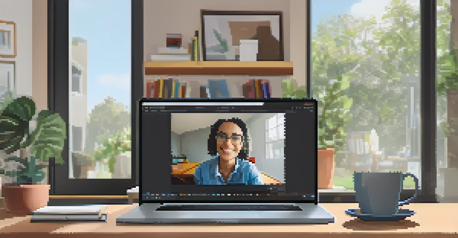A student participating in a virtual classroom on a laptop in a cozy home setting.