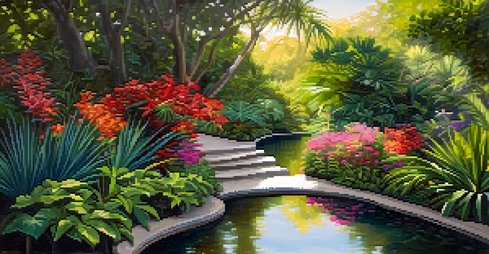 A peaceful pathway in a botanical garden surrounded by colorful flowers and tropical plants, with sunlight creating a dappled effect on the ground.