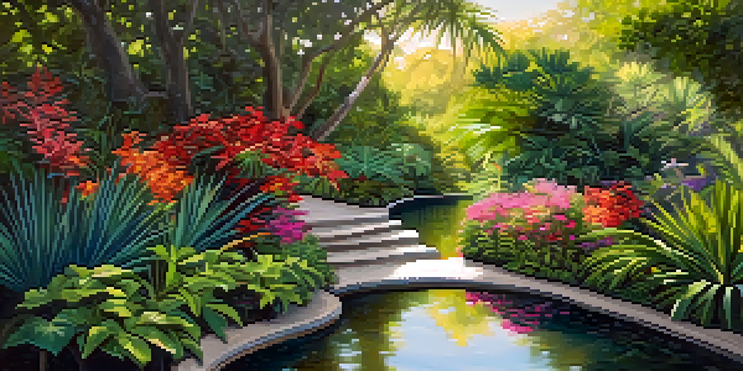 A peaceful pathway in a botanical garden surrounded by colorful flowers and tropical plants, with sunlight creating a dappled effect on the ground.