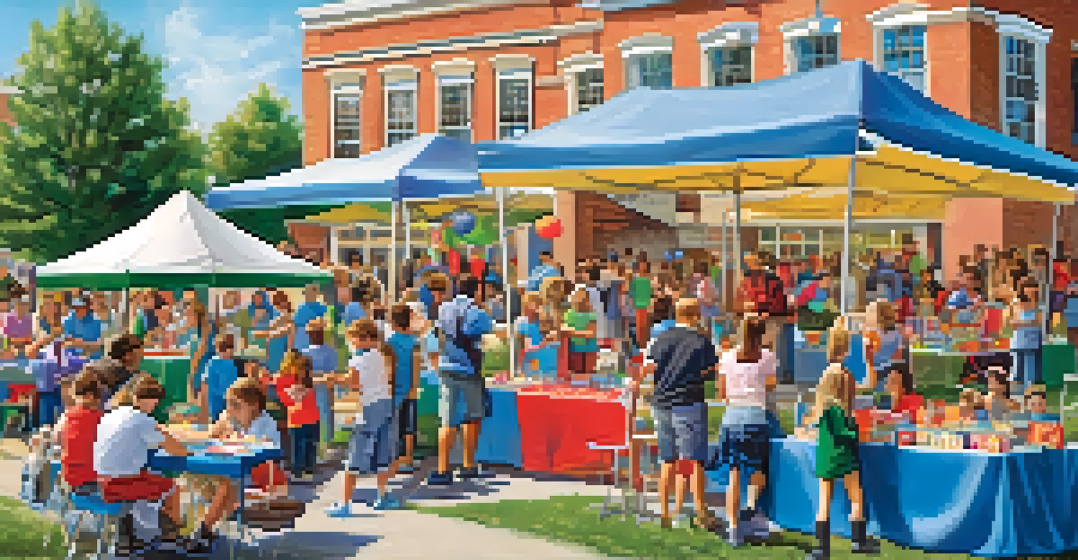 A lively outdoor community event with families and children engaging in activities, surrounded by booths offering educational resources.