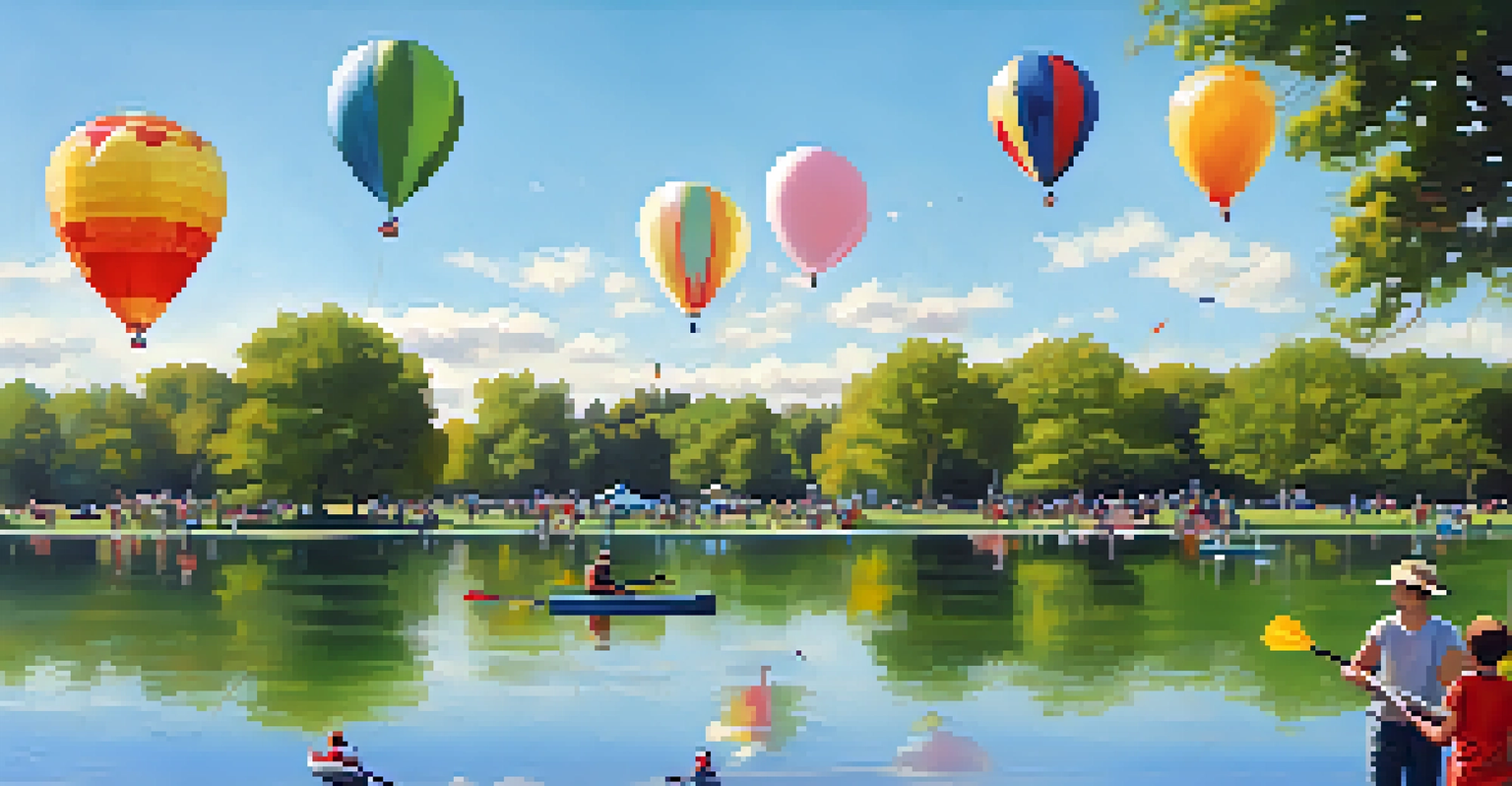 Families engaging in activities at Woodlawn Lake Park, including fishing and kayaking, under a sunny sky.