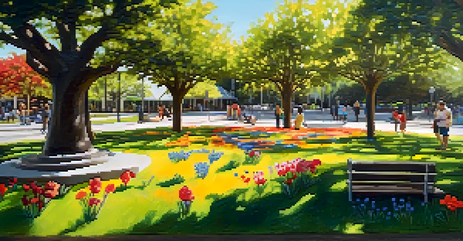 A colorful sculpture made from recycled materials in a park, surrounded by flowers and families having a picnic.