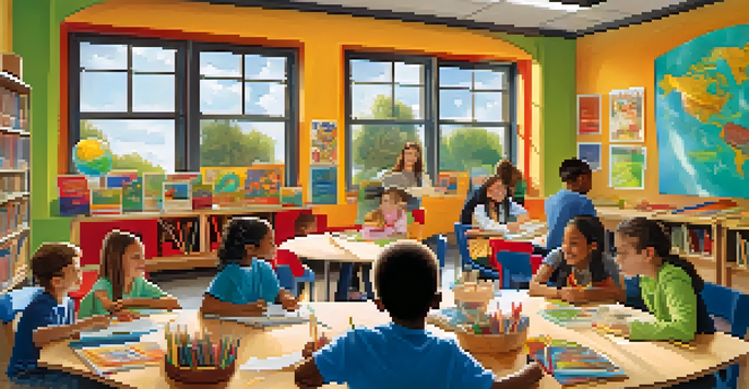 A colorful classroom filled with diverse children working together on a project at a round table, surrounded by educational materials and art on the walls.