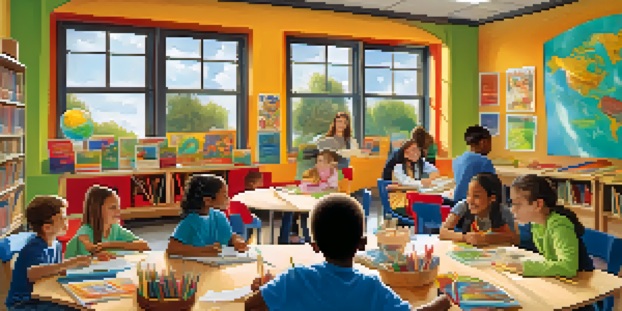 A colorful classroom filled with diverse children working together on a project at a round table, surrounded by educational materials and art on the walls.