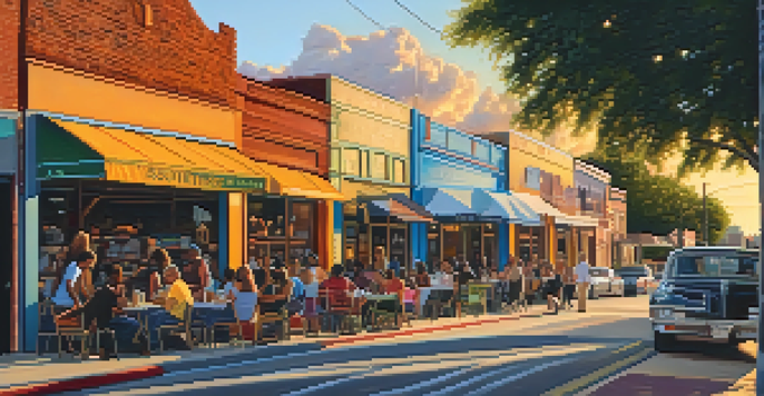 A lively street in Southtown, San Antonio, filled with colorful murals and outdoor cafes, with people enjoying the atmosphere during sunset.