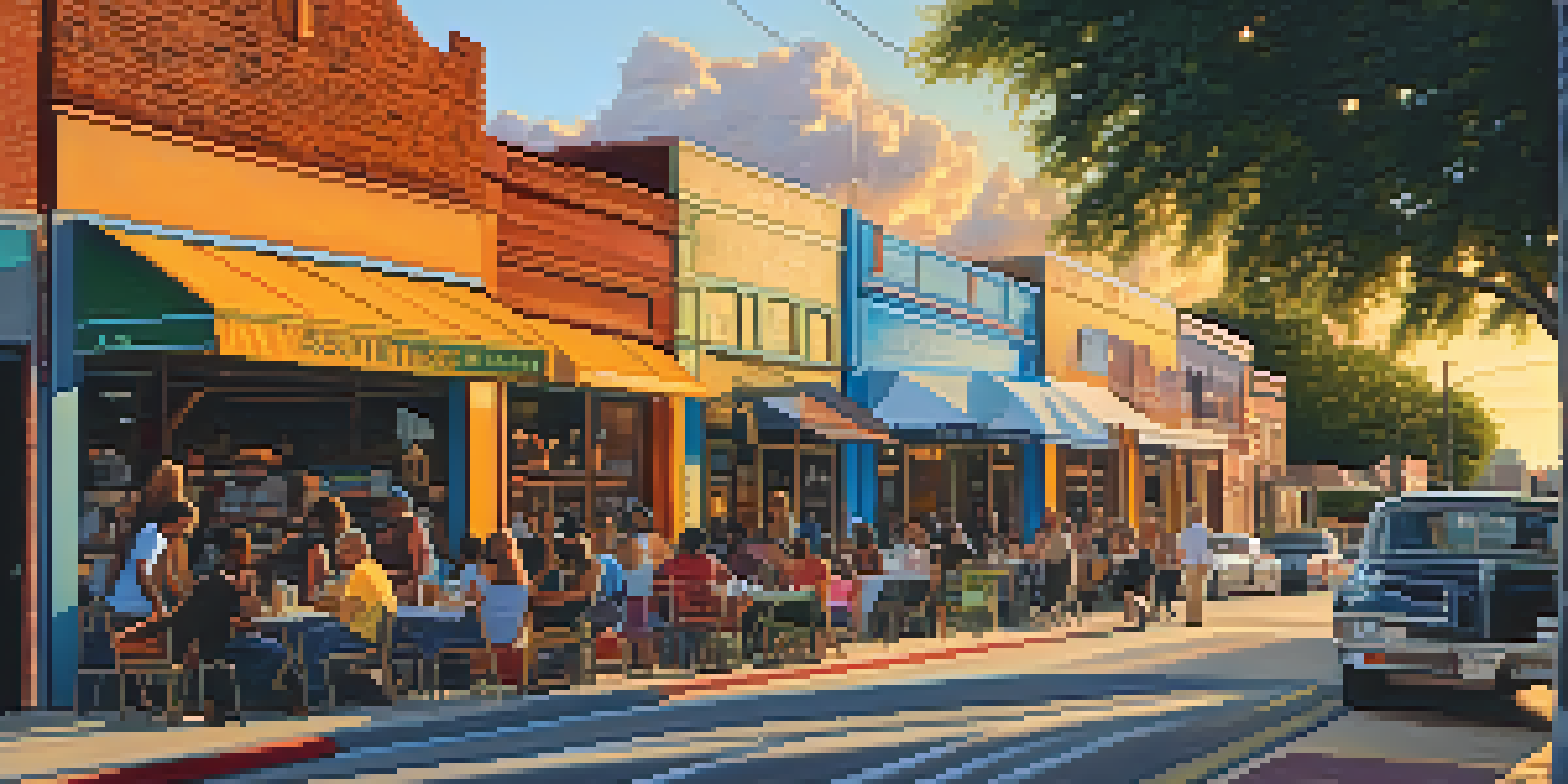 A lively street in Southtown, San Antonio, filled with colorful murals and outdoor cafes, with people enjoying the atmosphere during sunset.