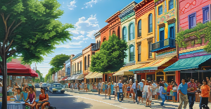 A colorful mural illustrating a historical scene from San Antonio, surrounded by greenery and local residents chatting.