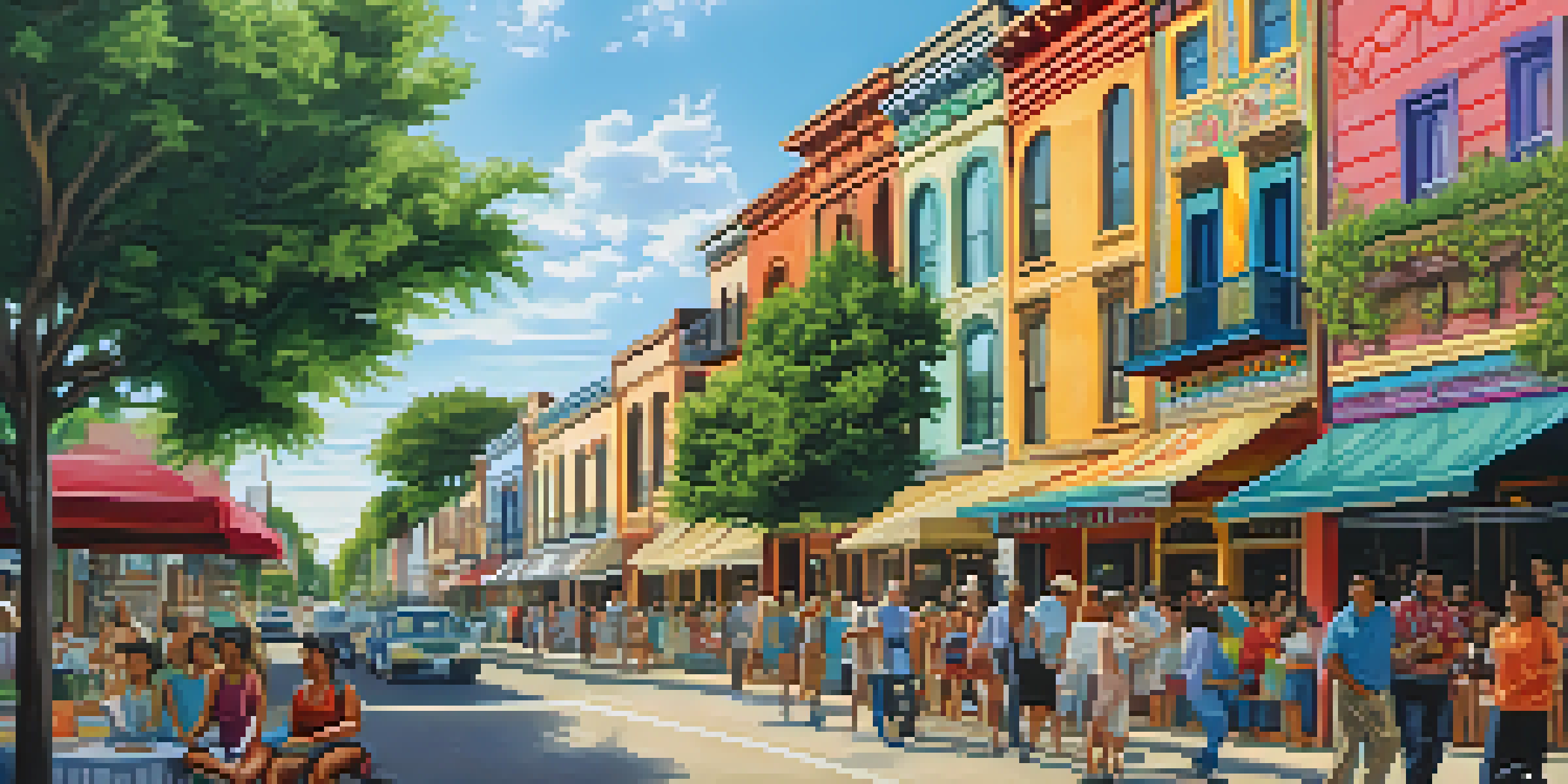A colorful mural illustrating a historical scene from San Antonio, surrounded by greenery and local residents chatting.