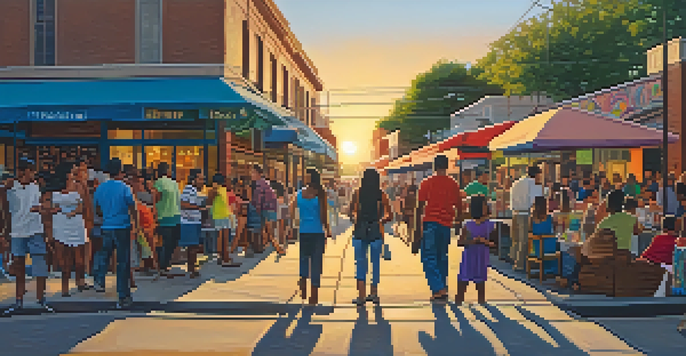 A lively street scene in San Antonio with people and colorful murals, illuminated by a warm sunset.