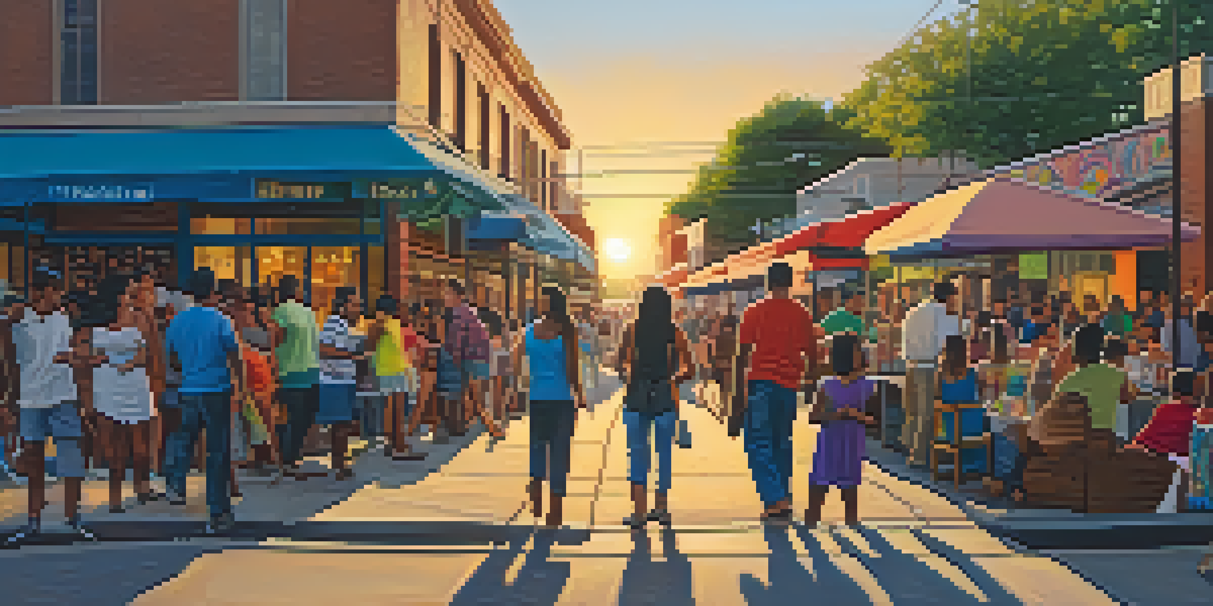 A lively street scene in San Antonio with people and colorful murals, illuminated by a warm sunset.