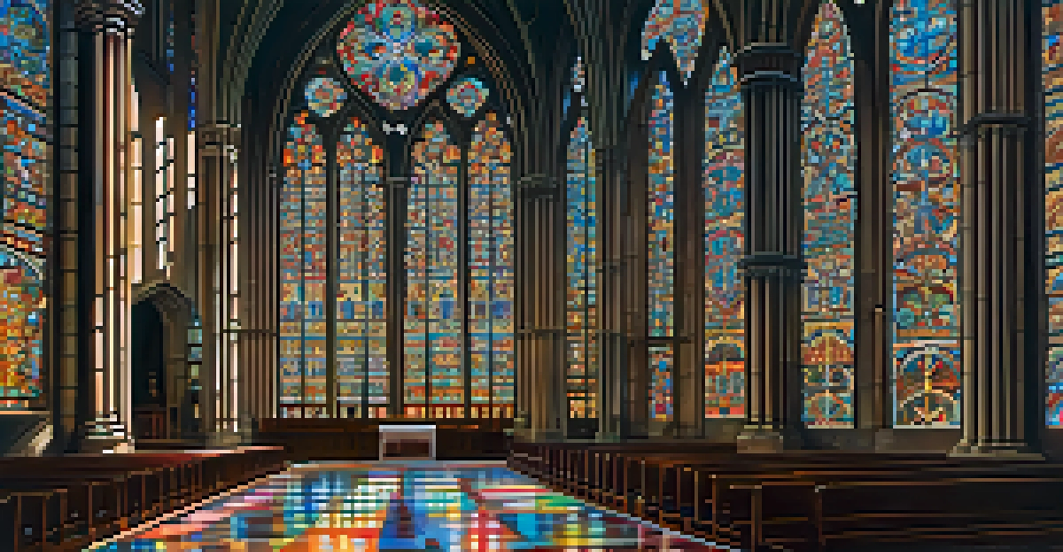 Inside San Fernando Cathedral, showcasing vibrant stained glass windows and an ornate altar with soft sunlight illuminating the interior.