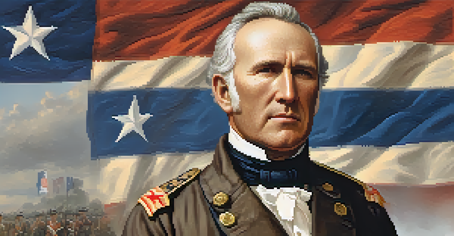 A portrait of Sam Houston in military attire, standing with a determined expression, with Texian flags and a blurred battlefield behind him.
