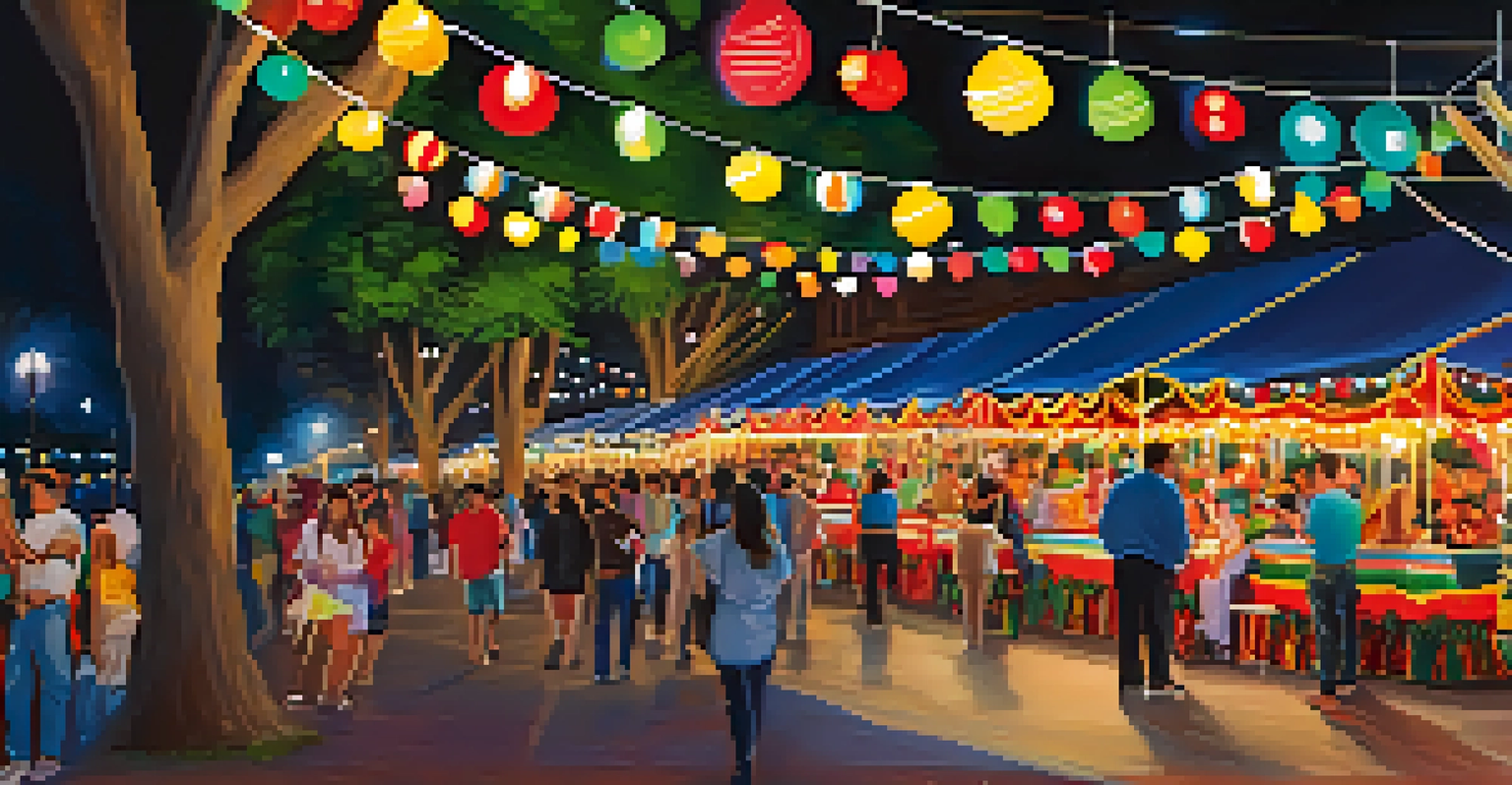 A lively evening scene of the River Walk during Fiesta, with colorful lights, decorations, and people celebrating along the river.