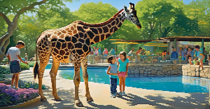 A family feeding a giraffe at the San Antonio Zoo, surrounded by greenery and flowers, under a clear blue sky.