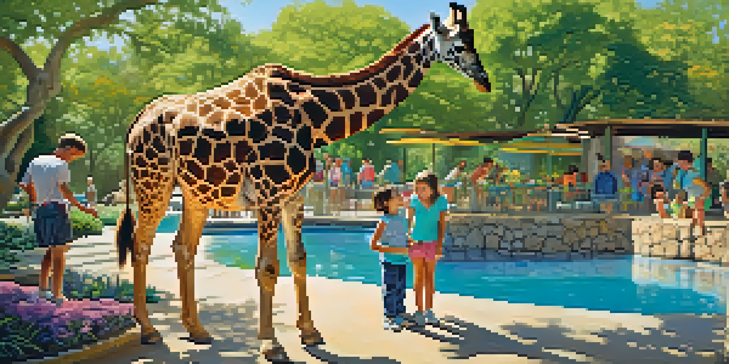 A family feeding a giraffe at the San Antonio Zoo, surrounded by greenery and flowers, under a clear blue sky.
