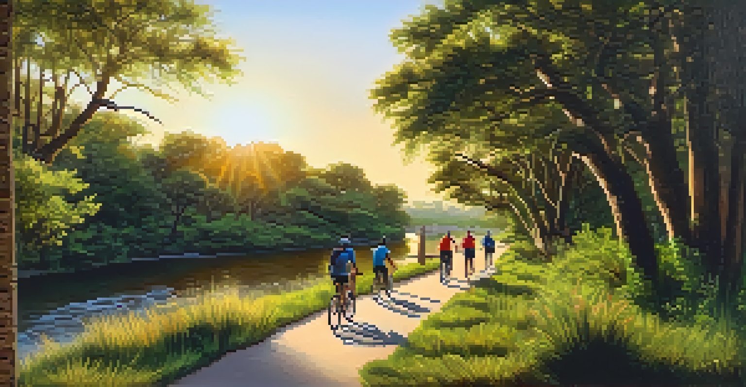 A scenic trail with cyclists and hikers next to a river during sunset.