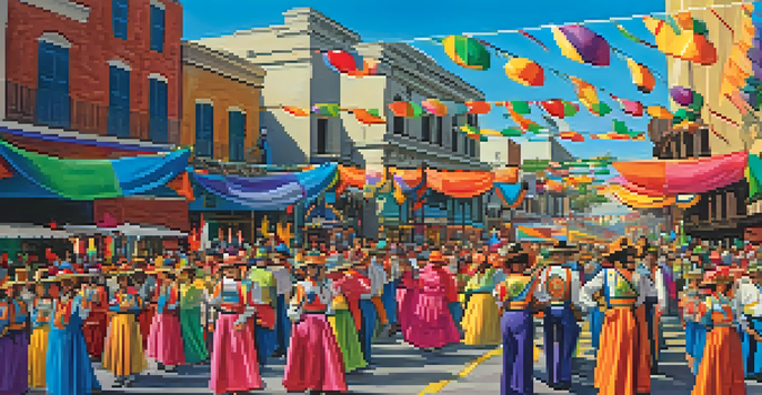 A colorful parade scene during Fiesta San Antonio, with people in traditional attire and decorated floats.