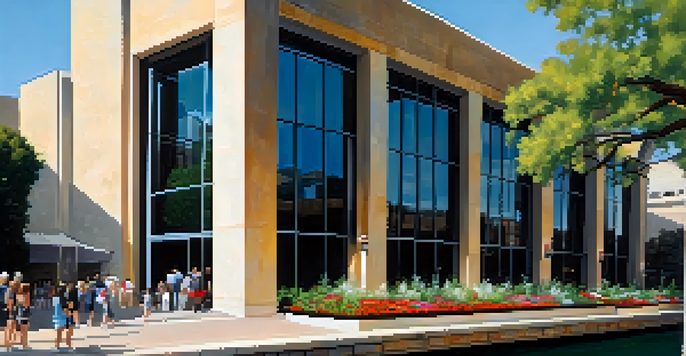 Exterior view of the San Antonio Museum of Art with flowers in the foreground and the River Walk in front.