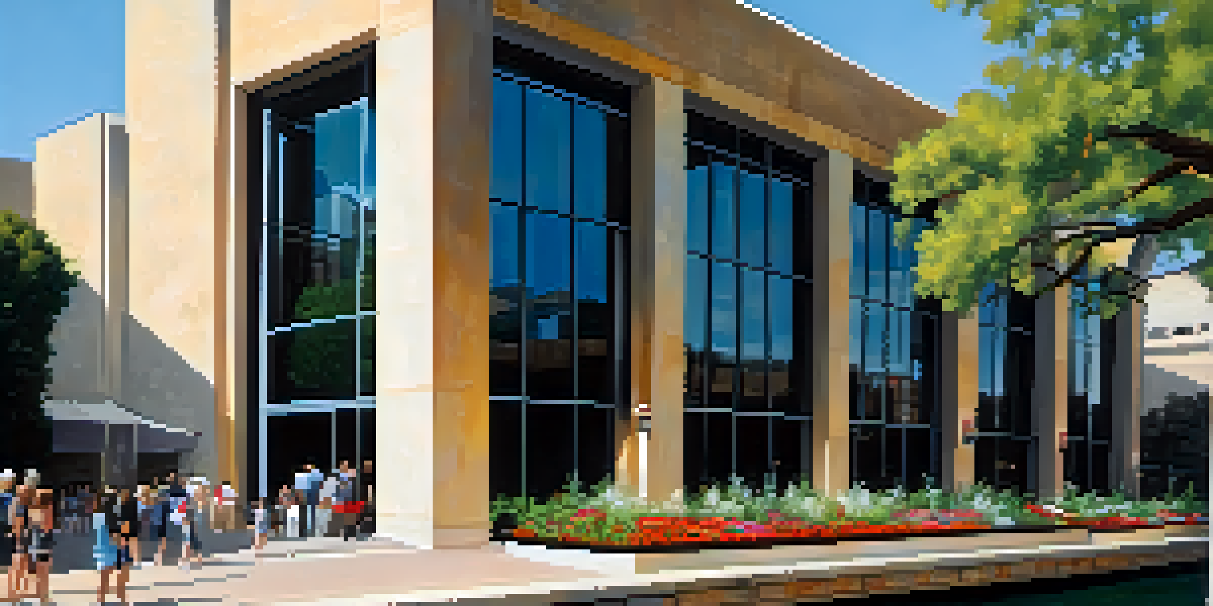 Exterior view of the San Antonio Museum of Art with flowers in the foreground and the River Walk in front.