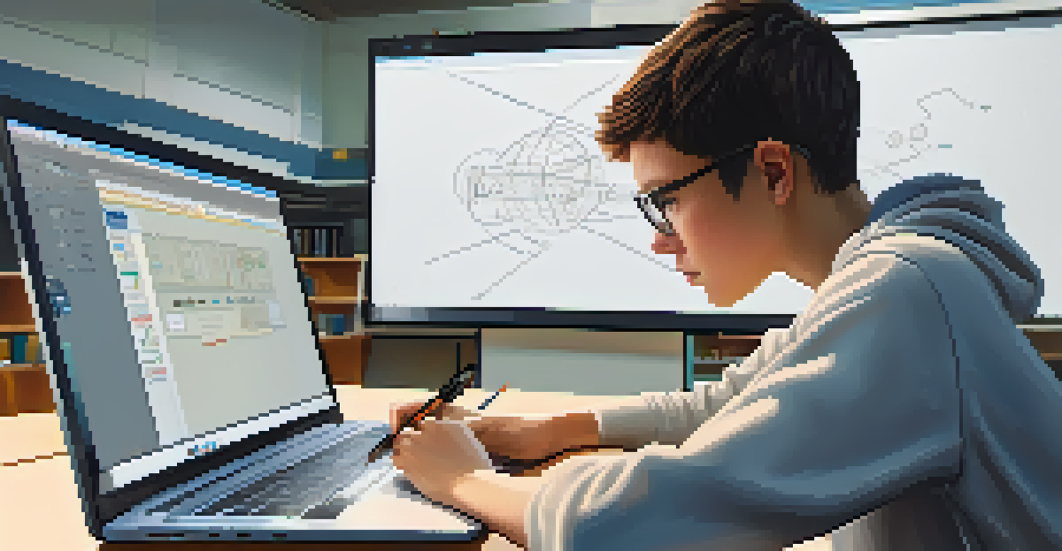 A high school student attentively using a laptop in a modern classroom filled with interactive technology and learning resources.