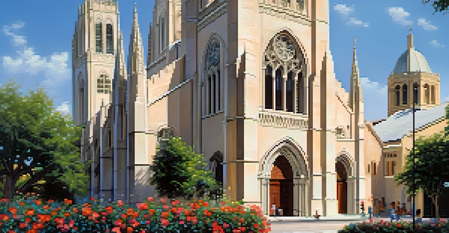 San Fernando Cathedral in morning light with blooming flowers and visitors.
