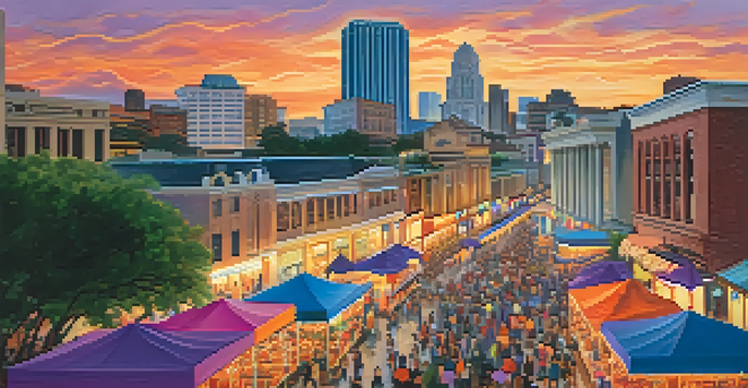 A colorful sunset over San Antonio's skyline, featuring modern and historic architecture with people enjoying a festival in the foreground.