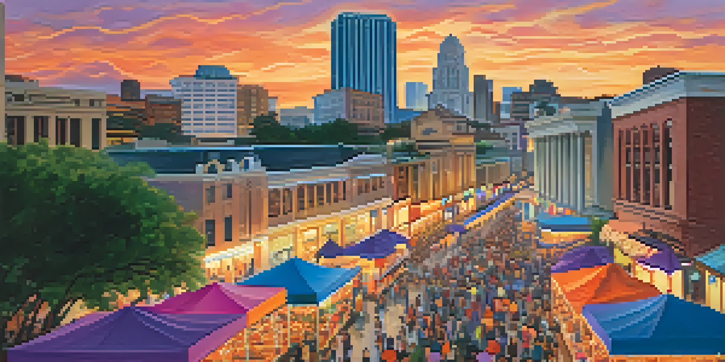 A colorful sunset over San Antonio's skyline, featuring modern and historic architecture with people enjoying a festival in the foreground.
