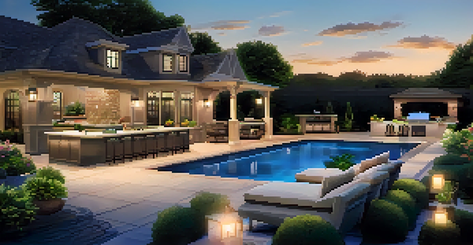 An elegant outdoor living area with a pool and outdoor kitchen, surrounded by vibrant plants and soft evening lighting.