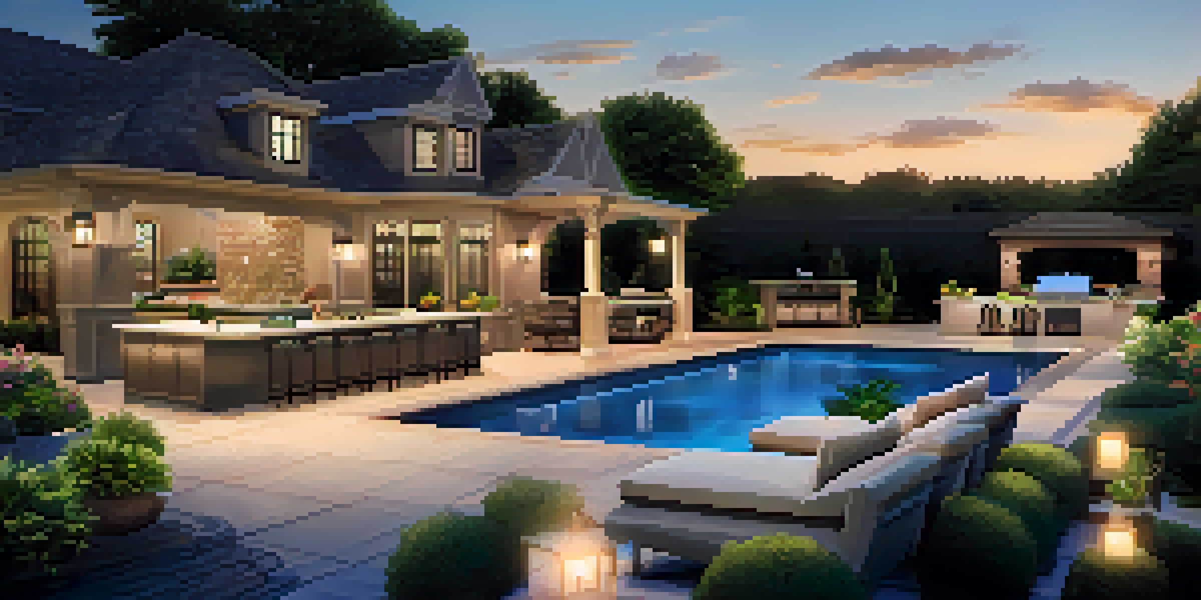 An elegant outdoor living area with a pool and outdoor kitchen, surrounded by vibrant plants and soft evening lighting.