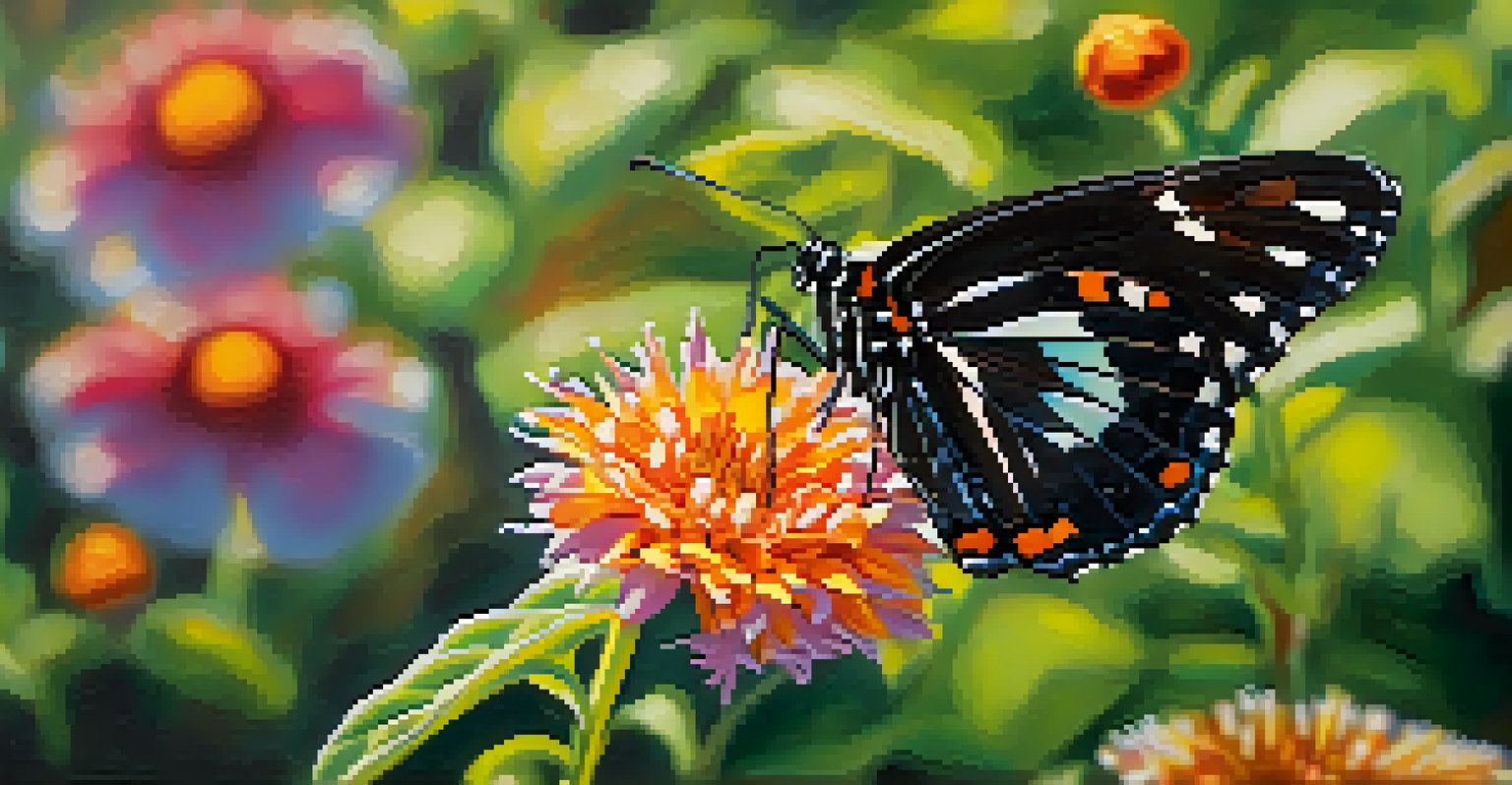 A close-up of a colorful butterfly perched on a vibrant flower, emphasizing the delicate details of the butterfly and the flower's petals.