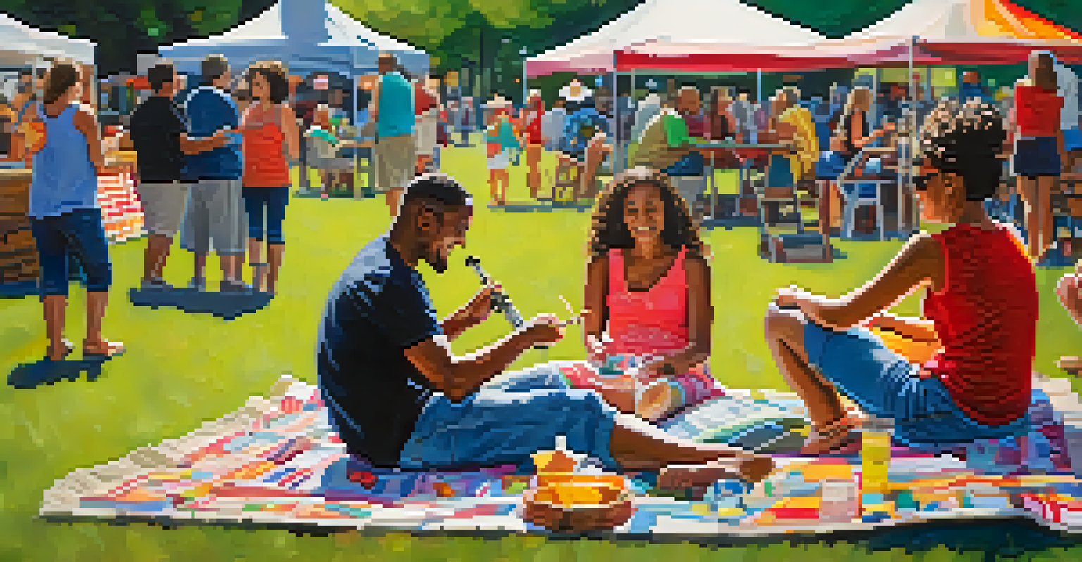 A family at the jazz festival, with children face painting and parents enjoying music, surrounded by art vendors.