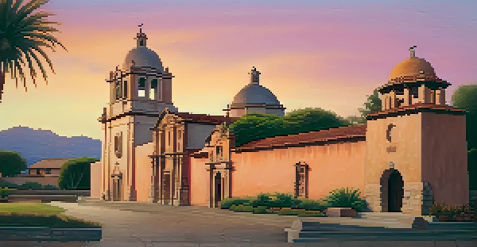 The historic Mission San José at sunset, featuring intricate stone carvings and surrounded by greenery.