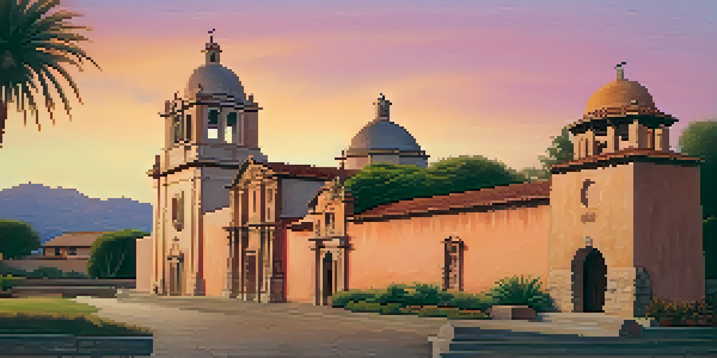 The historic Mission San José at sunset, featuring intricate stone carvings and surrounded by greenery.