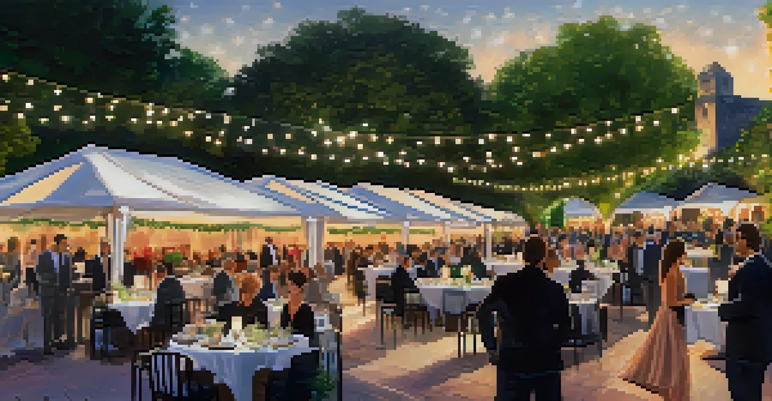 An outdoor food and wine festival setting with gourmet dishes, wine glasses, and chefs interacting with guests.