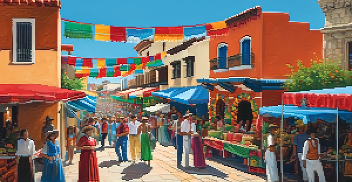 A lively street scene during the Fiesta festival in San Antonio, with colorful decorations, traditional costumes, and Spanish Colonial architecture in the background.