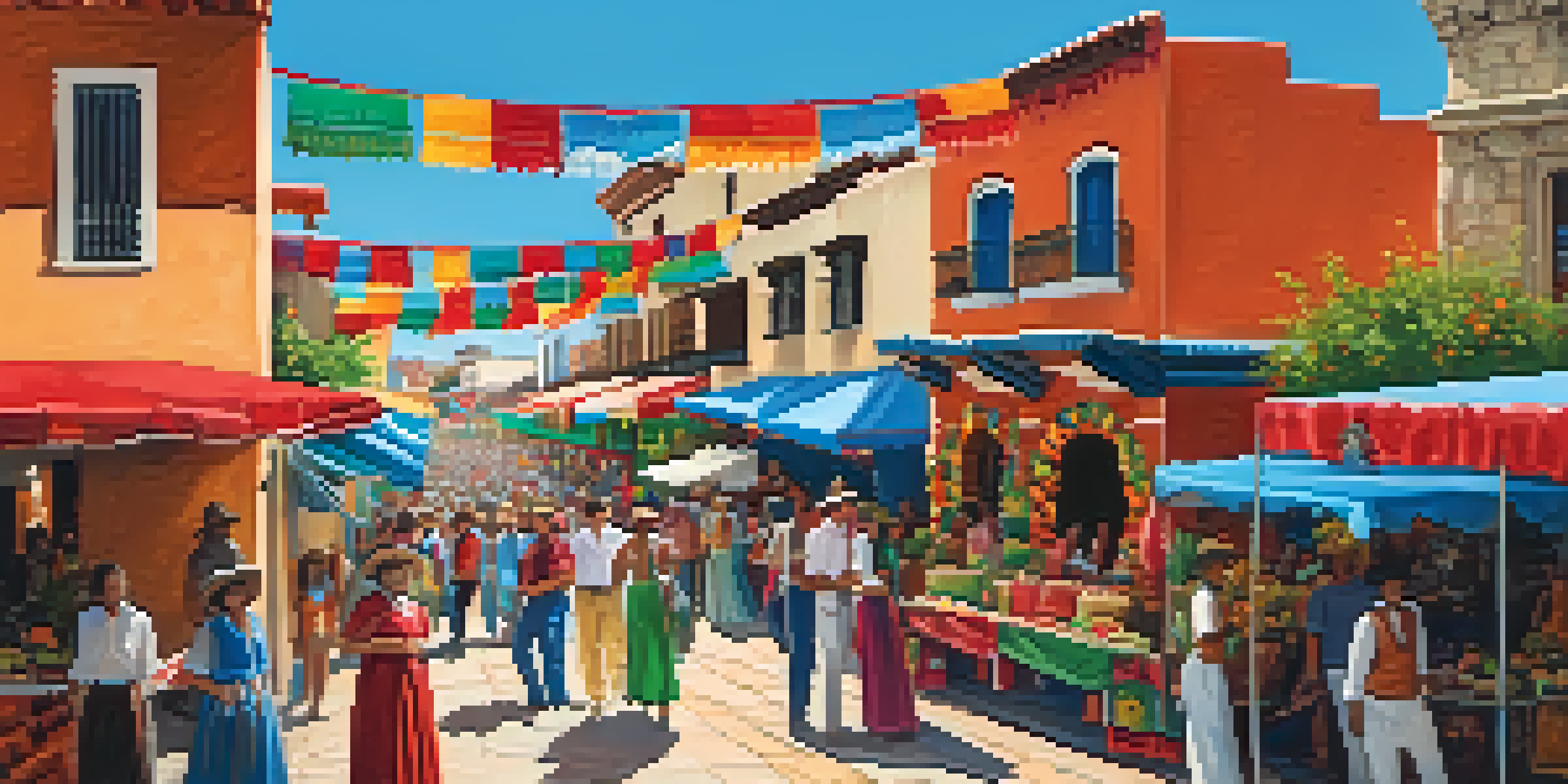 A lively street scene during the Fiesta festival in San Antonio, with colorful decorations, traditional costumes, and Spanish Colonial architecture in the background.