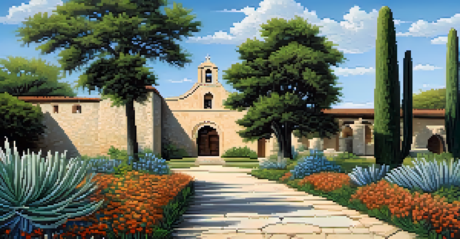 Wide view of the five San Antonio Missions under a blue sky, with a pathway lined by native plants.