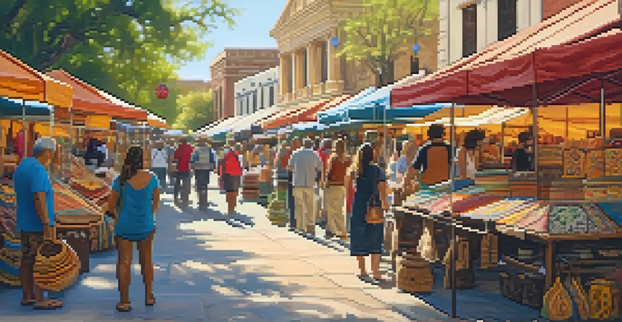 A lively marketplace in San Antonio with colorful stalls featuring handcrafted items and happy shoppers under warm sunlight.
