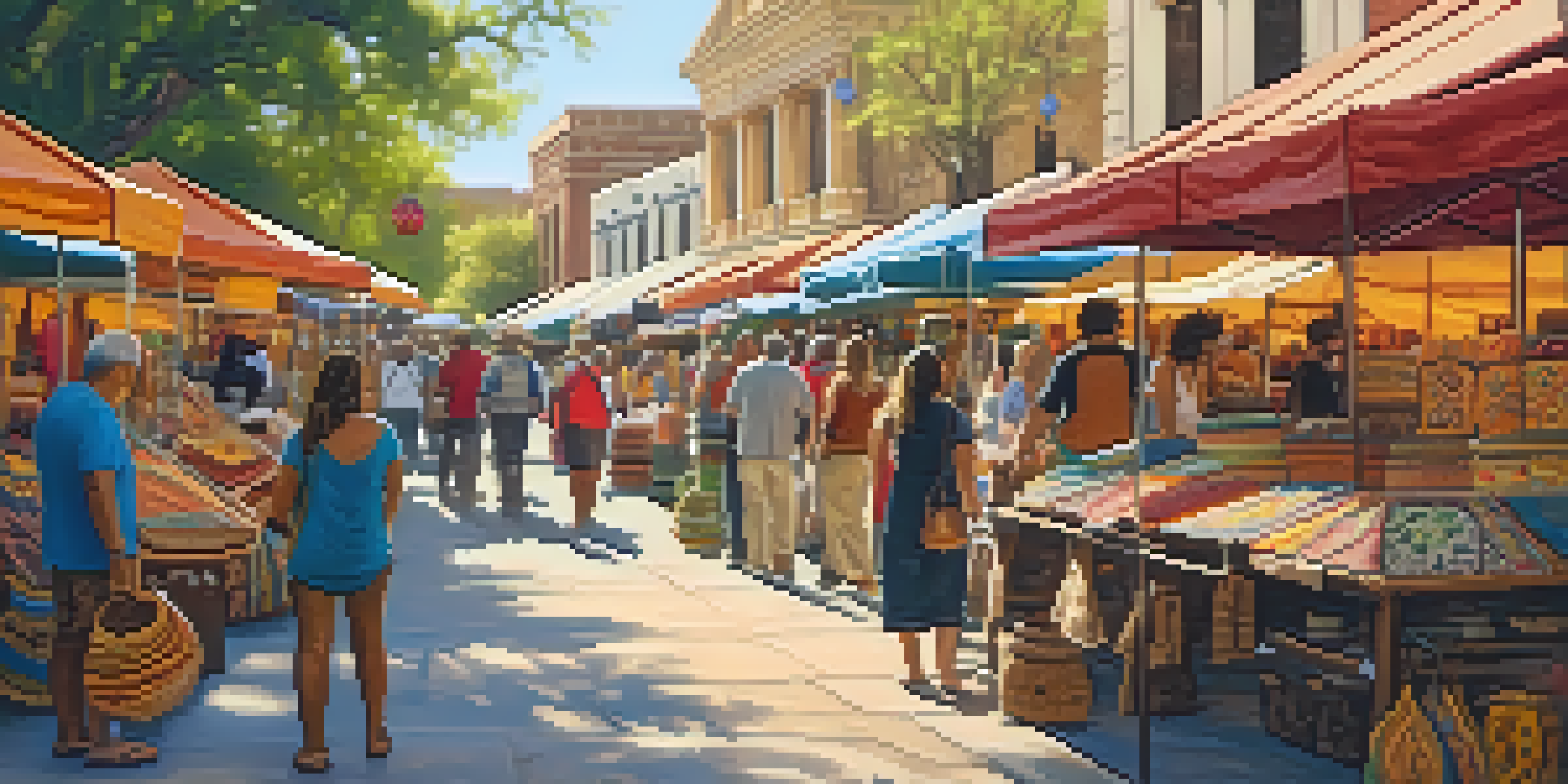 A lively marketplace in San Antonio with colorful stalls featuring handcrafted items and happy shoppers under warm sunlight.