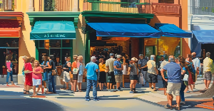 A lively street scene at an art walk in San Antonio, with artists showcasing their colorful artworks and visitors enjoying the atmosphere.