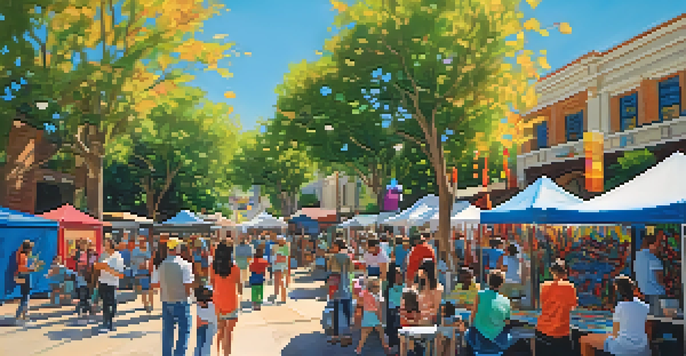 A lively outdoor festival scene with colorful art installations and families interacting, under sunlight filtering through trees.