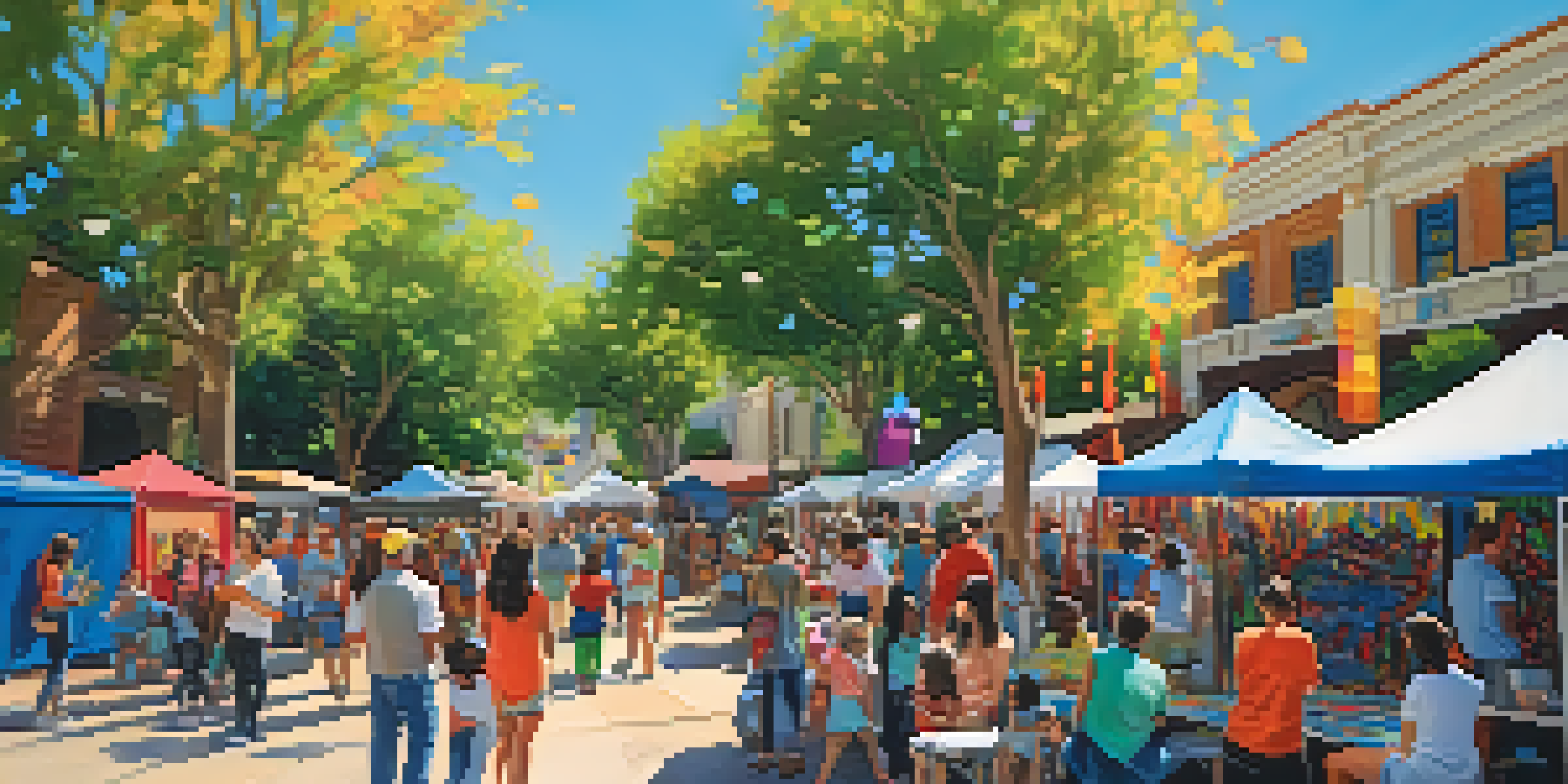 A lively outdoor festival scene with colorful art installations and families interacting, under sunlight filtering through trees.