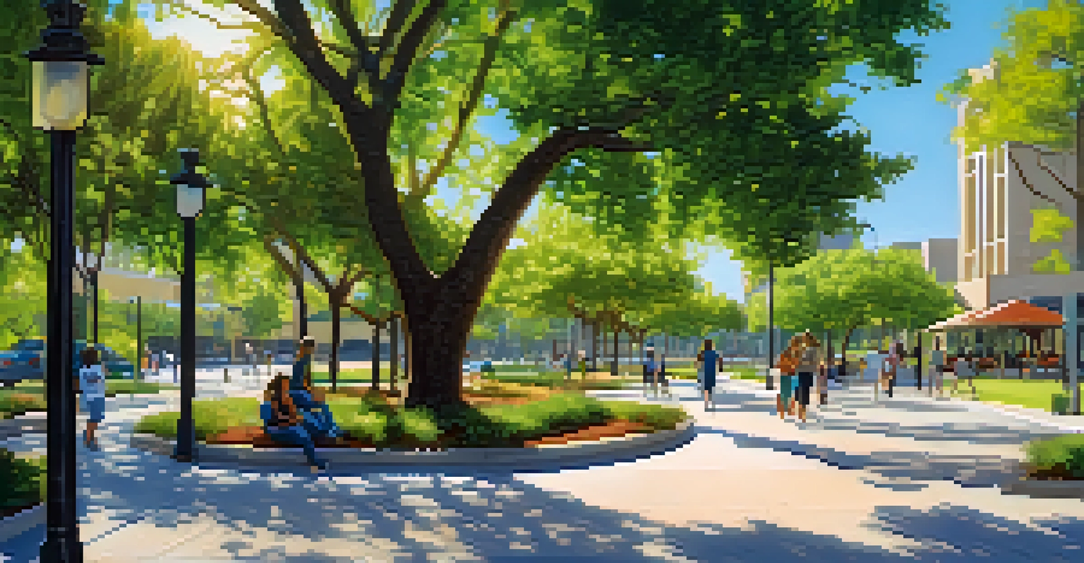 A lively urban park in San Antonio with people enjoying nature and green infrastructure, showcasing sustainability.