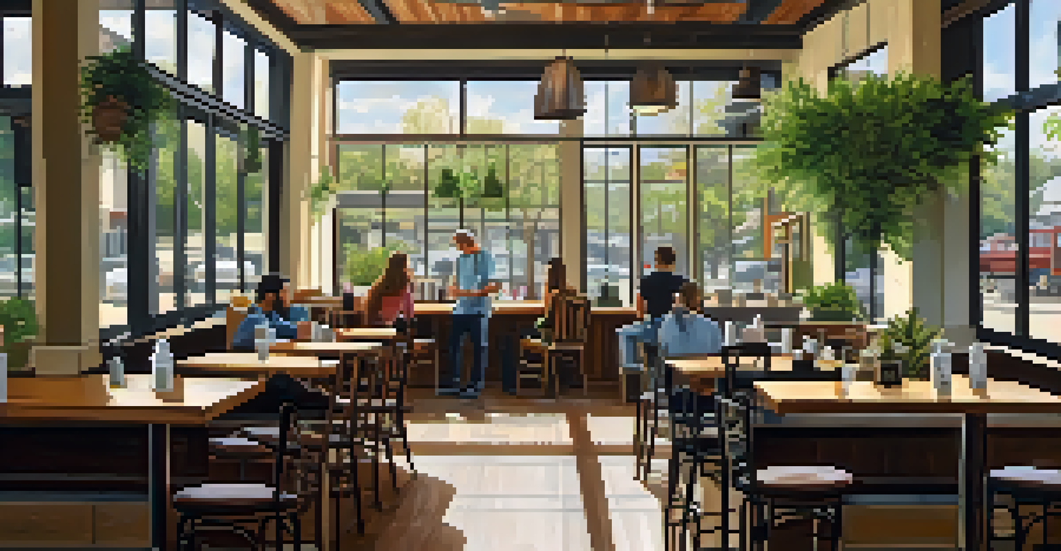 Inside a cozy café in San Antonio with wooden furniture, a barista serving coffee, and plants, illuminated by natural light from large windows.