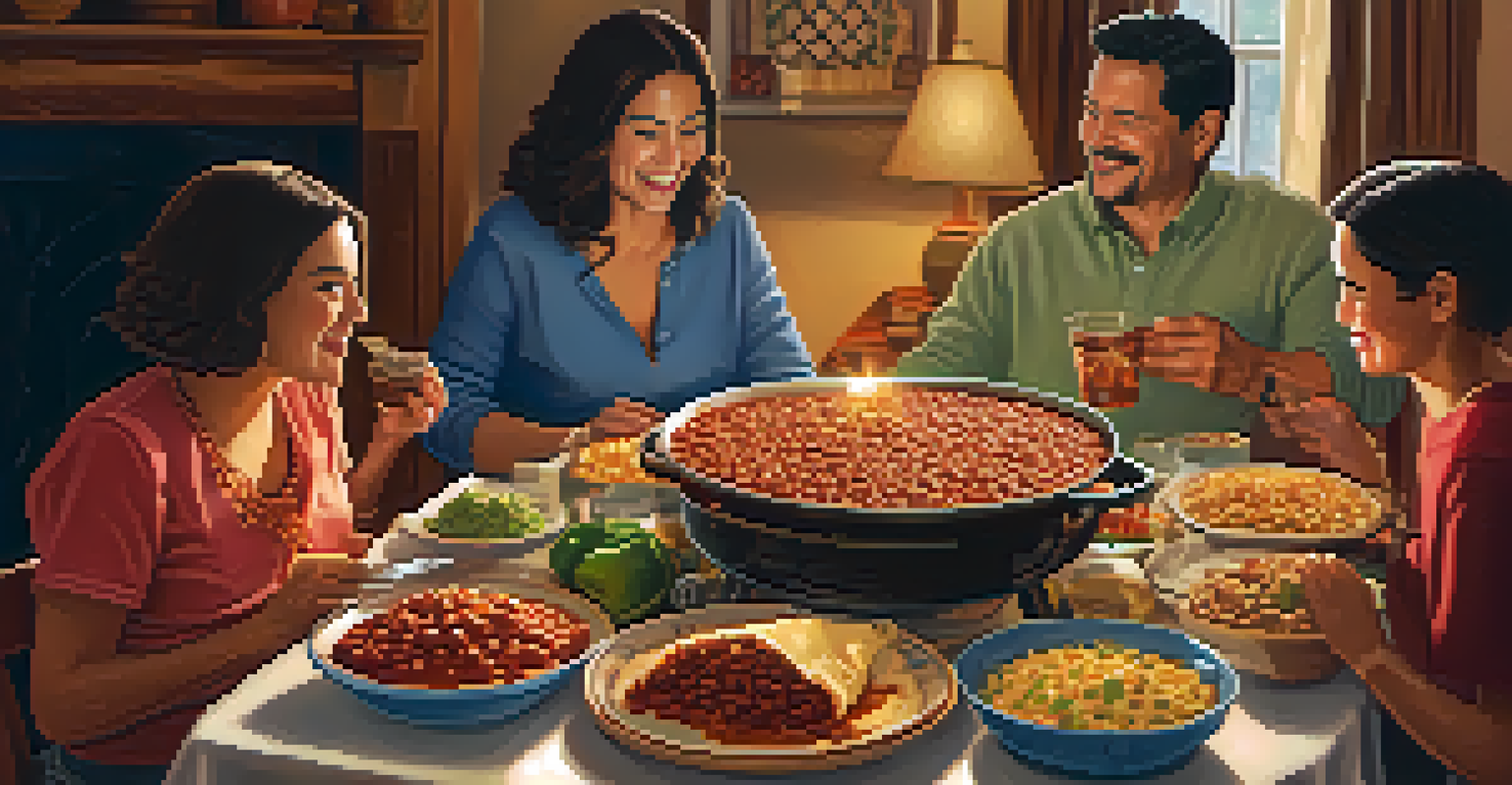 A family gathering around a table sharing a homemade Tex-Mex meal, with dishes like chili con carne and tres leches cake, set in a cozy atmosphere.